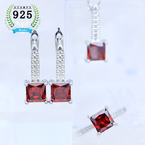 Woman Earrings Ring Pendant Necklace 925 Silver Jewelry Square Garnet Red Stone Jewelry Set Wedding Accessories
