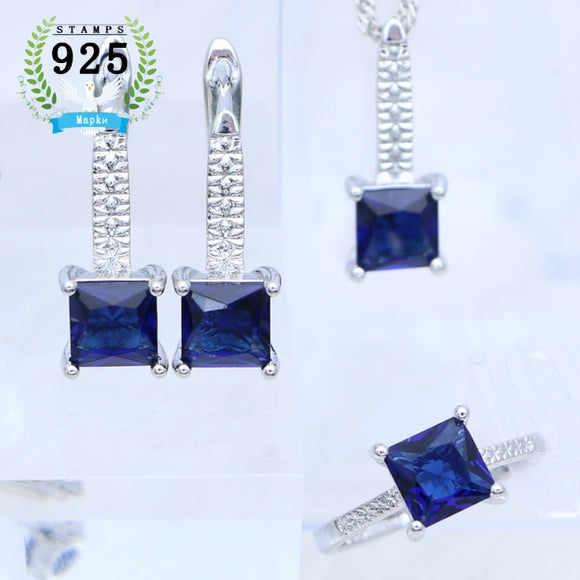 Sapphire Jewelry Ring Earrings Necklace Pendant 925 Sterling Silver Jewelry Set Square Blue Stone for Women
