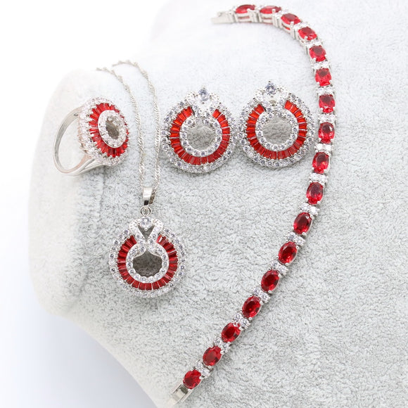 Red Cubic Zirconia Silver Bridal Jewelry Sets Women Wedding Costume Necklace Sets Ring Earrings Pendant Bracelet Jewelry