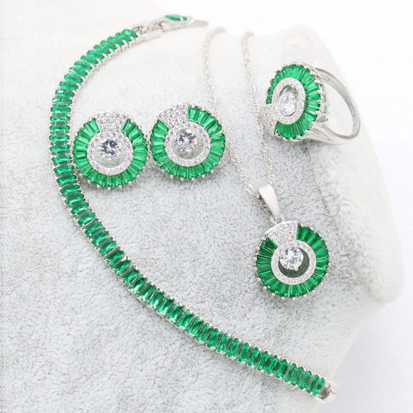XUTAAYI Green Silver Color Wedding Jewelry Sets For Women Luxury Jewelry Earrings Bracelet Rings Bridal Pendant Necklace Set