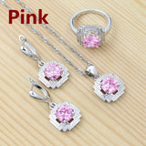 Woman Wedding Jewelry Pink Cubic Zirconia Jewelry Earrings Pendant Necklace Ring Set Bridal Jewelry