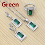 Green Emerald 925 Silver Geometric Jewelry Set for Women Earrings Ring Chain Pendant Classic Jewelry