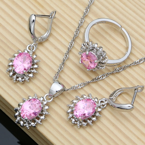 Simple 925 Sterling Silver Earrings Jewelry Sets for Women 7 Color Pink Natural Topaz Necklace Open Ring Charm Party Jewellry