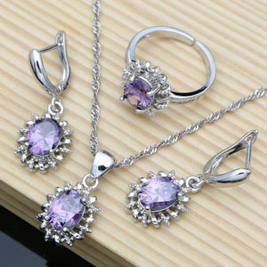 Simple 925 Sterling Silver Earrings Jewelry Sets for Women 7 Color Pink Natural Topaz Necklace Open Ring Charm Party Jewellry
