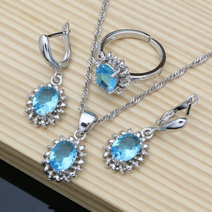 2020 925 Silver Wedding Jewelry Sets for Women Garnet Gemstone Crystal Necklace Ring Earrings Sets Costume 7 Colors Dropshipping