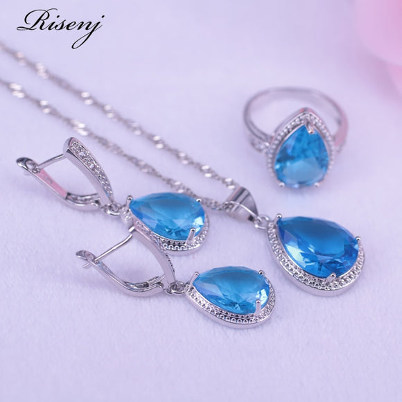 Sky Blue Stone Water Drop Square Silver Color Jewelry Earrings Necklace Pendant Ring Set The Romantic Present For Love