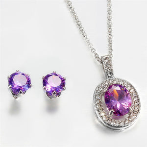 Elegant Female Purple Crystal Jewelry Set Charm Silver Color Stud Earrings For Women Trendy Hollow Oval Wedding Chain Necklace