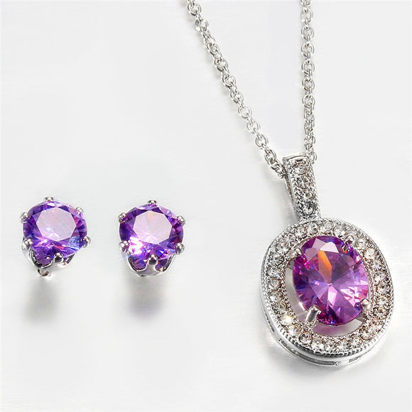 Elegant Female Purple Crystal Jewelry Set Charm Silver Color Stud Earrings For Women Trendy Hollow Oval Wedding Chain Necklace