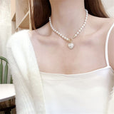 LETAPI Fashion Simulated Pearl Heart Necklace for Women Statement Clavicle Pearl Chain Necklace Trend Wedding Collar Jewelry