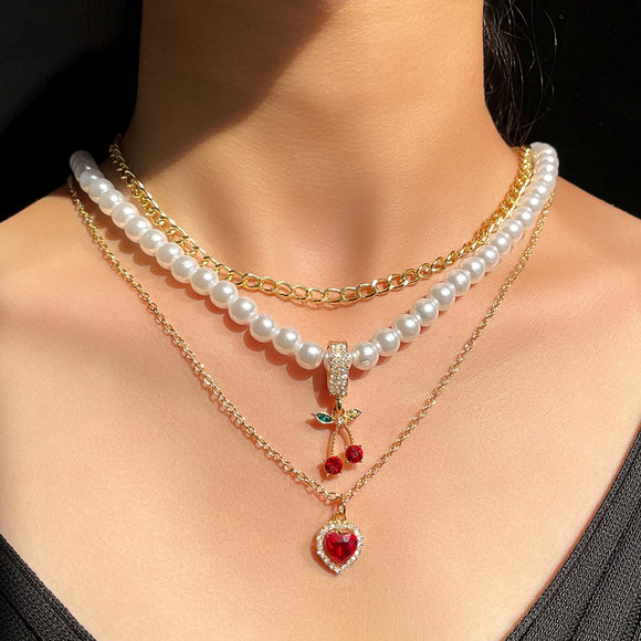 Multilayer Sweet Red Cherry Heart Pendant Pearl Beaded Necklace For Women Fashion Golden Metal Chain Necklace Jewelry Party Gift