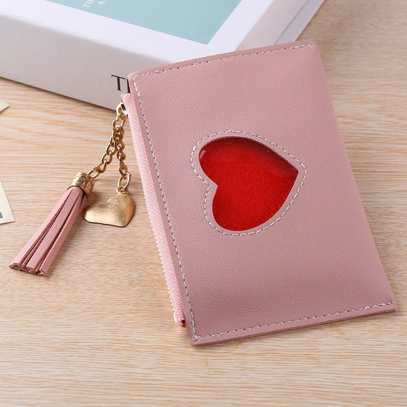 Fashion Women Wallets PU Leather Mini Wallet Multipurpose Casual Love Printing Tassel Layers Card Purse Holder