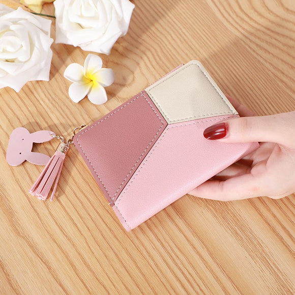 Women Short Handbags with Soft Leather Patchwork Coin Purses for Ladies Tassel Money Bags Girls Card Pockets carteras para mujer