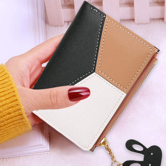 Women PU Leather Coin Purse Fashion Contrast Color Mini Short Wallet Casual Ladies Tassel Zipper Card Hold with Rabbit Pendant