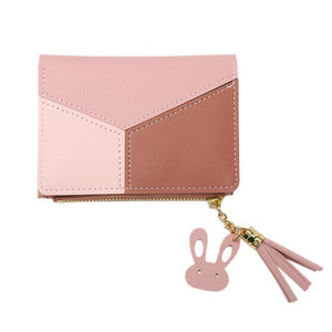 Women PU Leather Coin Purse Fashion Contrast Color Mini Short Wallet Casual Ladies Tassel Zipper Card Hold with Rabbit Pendant