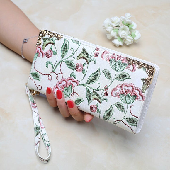 Women Long Wallet PU Leather Zipper Coin Purse Fashion Embroidered Phone Pocket Card Holder Credit Multifunction Lady Money Bag