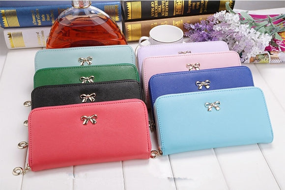 Cards Holder Wallet Ladies Cute Bowknot Women Long Wallet Pure Color Clutch PU Leather Bag