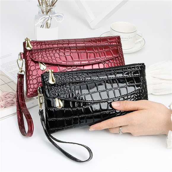 Patent Leather Women's Wallets Fallow Long Ladies Double Zipper Wallet Clutch Bag Design Red Purse Crocodile Purses