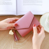 Ladies PU Wallet Pure Color Coin Purse Business Card Case Credit Card Holder Fashion Student Tassel Pendant Female Short Wallet