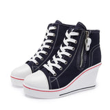 Womens Ladies Canvas Shoes High Tops Wedge Sneakers Woman Lace Up Height Increase Casual Shoes Zipper Fashion Platform Sneaker