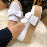 Size 43 Hemp Rope Woven Platform Shoes Women Bow Slip-on Casual Shoes 2022 Spring White Pink Yellow Gold Shoes zapatos de mujer