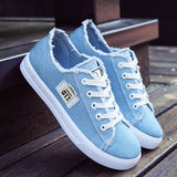 Spring Summer Women Canvas Sneaker Low Top Denim Sneakers Ladies Lace-Up Flat Canvas Trainers Girl Soild Board Shoes Female Tide