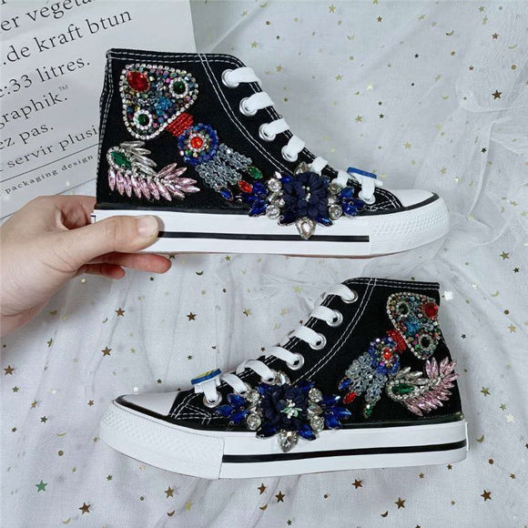 Women's Shoes Diamond Beaded High Top Canvas Shoes New Lace-up Thick Soles Fashion Casual Board Shoes Women Sneakers Women