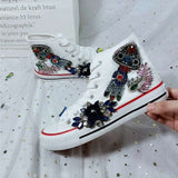 Women&#39;s Shoes Diamond Beaded High Top Canvas Shoes New Lace-up Thick Soles Fashion Casual Board Shoes Women Sneakers Women