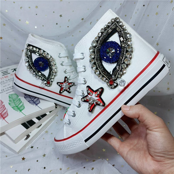 Women's shoes high help canvas shoes new Korean version leisure hand drill shoes big eyes color students board woman sneakers