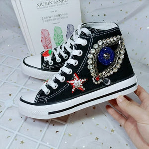 Women&#39;s shoes high help canvas shoes new Korean version leisure hand drill shoes big eyes color students board woman sneakers