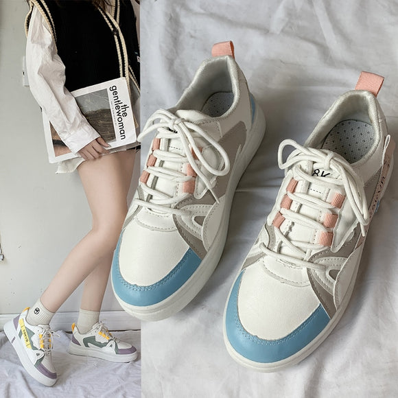 Faux Leather Sneakers Women Spring Autumn Lace-up Colorblock Flat Shoes Students Casual All-match Shoes Zapatos De Mujeres