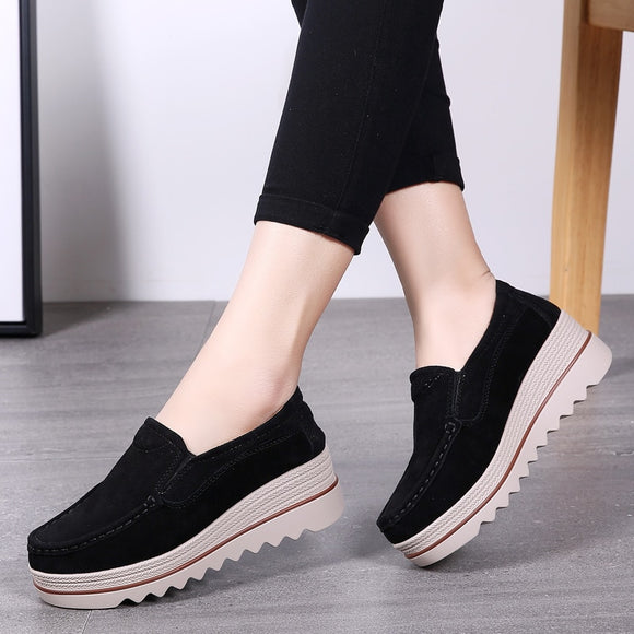 New Spring Autumn Shoes Woman Flat Platform Women's Shoes Cow Suede Leather Flats Thick Sole Women Loafers Moccasins Female Shoe