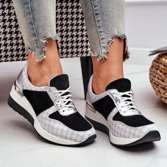 New Women Vulcanized Shoes Comfort  Breathable Chunky Wedge Female Sneakers Casual Comfort Mixed Color Lace-Up Lady Sports Shoes