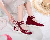 Spring and Autumn Women Casual Solid Color Tie Shoes Wedges Shoes Chinese Knot Cotton Fabric Embroidered Flats Retro Hanfu Shoes
