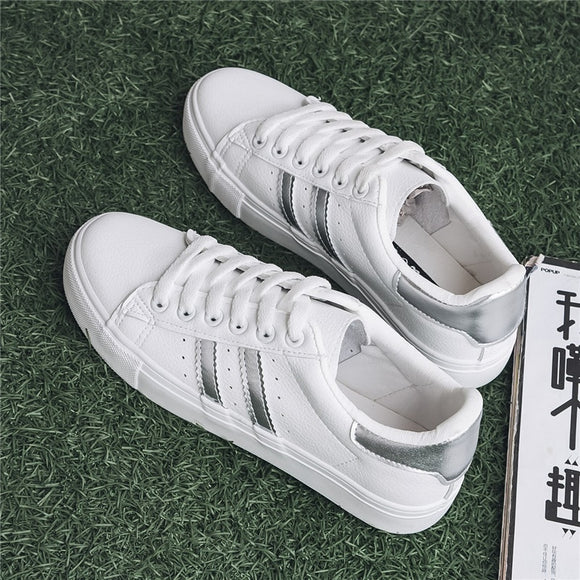 Shoes Woman New Fashion Casual Platform Striped PU Leather Classic Cotton Women Casual Lace-up White Winter Shoes Sneakers