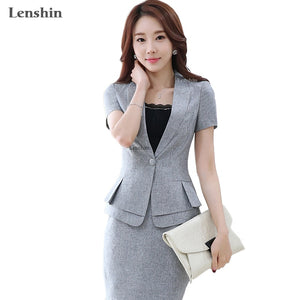 Lenshin 2 Pieces Set New summer work wear women's skirt suits Female Formal Short-Sleeve blazer jacket & skirt