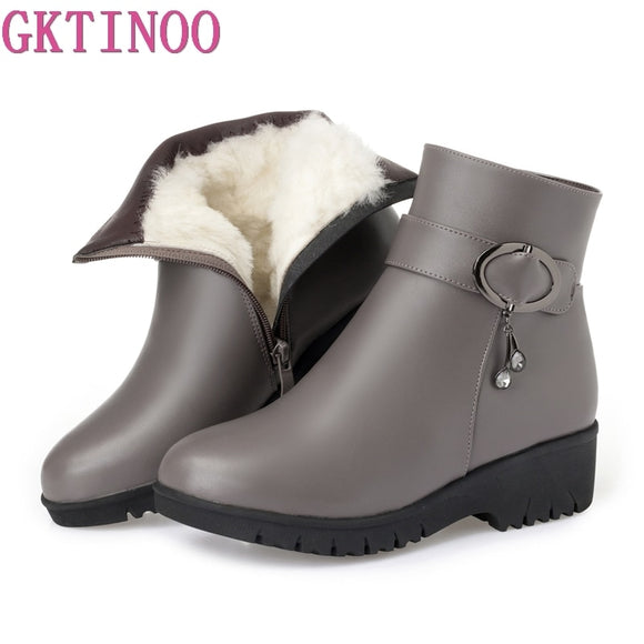 GKTINOO Snow Boots Soft Leather Women's Shoes Mother Ladies Female Winter Wool Fur Wedges Warm Boots Plus Size 35-43