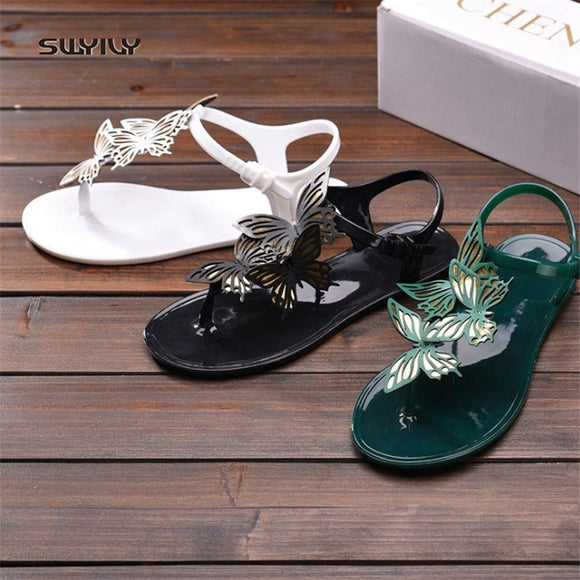 SWYIVY Sandals Woman Butterfly T Strap 2018 Female Plastick Jelly Shoes Ankle Belt Lady PVC Summer Casual Shoes Sandals Woman 40